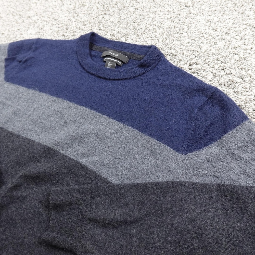 Tahari Sweater Mens L Blue Gray Merino‎ Wool Pullover Crewneck Cozy Soft Warm